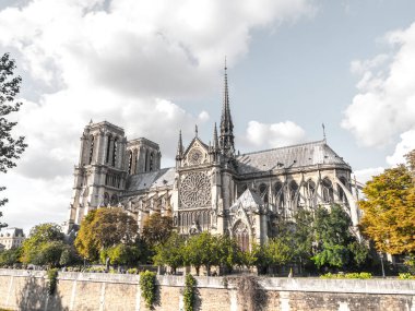 Güzel turistik seyahat fotoğraf dünyasının ünlü ve tarihi Katolik Katedrali Notre Dame de Paris Fransa çerçeveli tarafından gür yeşil ve turuncu yaprak dolu ağaçları ve beyaz bulutlar gökyüzünde yukarıdaki.