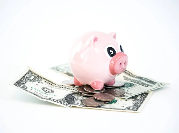 Fotografia Bonito Banco Cerâmica Rosa Piggy Sentado Cima Uma Pilha — Fotografia de Stock