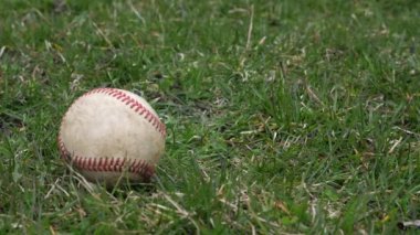 Ağır çekim % 50 yarım hız video kırpmak-in kırmızı dantel noktadan bir düşük iyi spor arka plan yapma çim döşeme ile kullanılan deri beyzbol kadar toplama bir beyaz erkek el kısa.