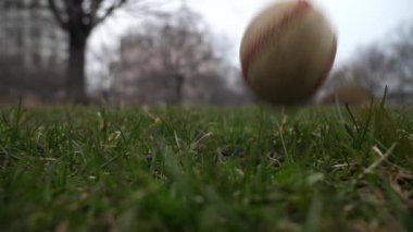 Havada attı ve çim kaplı zeminde bir düşük iyi spor arka plan yapma noktadan açılış kırmızı dantel ile kullanılan deri beyzbol kısa yavaş hareket % 50 yarı hızla video klip