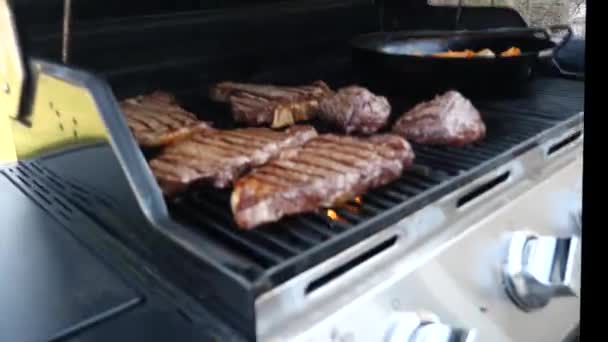 Cierre el clip de paneo de varios filetes de carne roja de carne de res que riegan la boca, incluidos los filetes mignon, ribeye y cortes de hueso en t con marcas de carbón en una parrilla de gas con llamas amarillas debajo de las rejillas metálicas . — Vídeo de stock