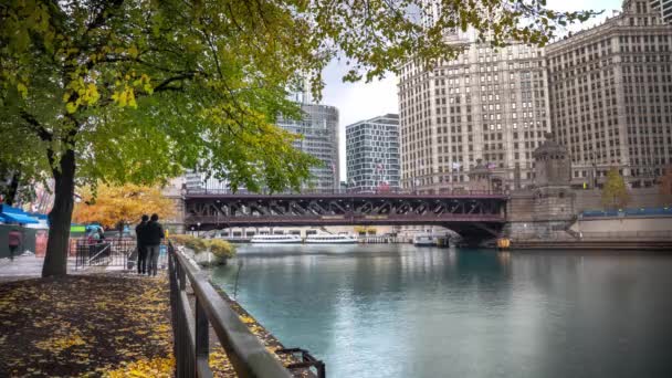 2019年11月2日 芝加哥 在寒冷的秋日早晨 当帆船经过密歇根大道时 行人在沿河道上停下 观看Dusable桥的升降 — 图库视频影像