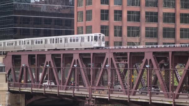 Chicago November 2019 Ett Cta Tåg Transporterar Passagerare Över Övre — Stockvideo
