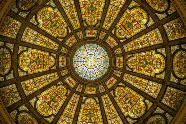 Beautiful Domed Stained Glass Skylight Symmetrical Floral Design Yellow Orange — Stock Photo, Image