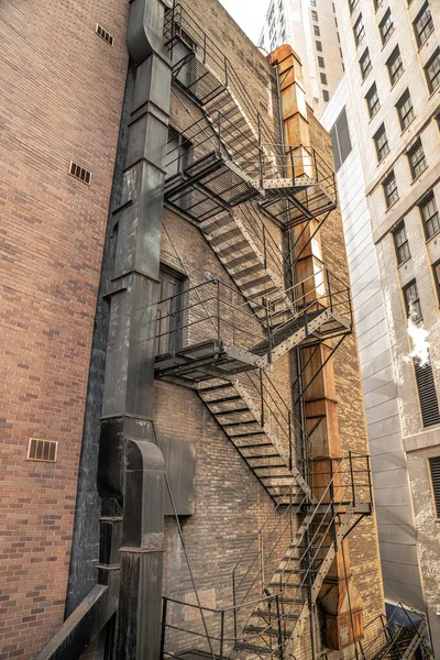 View Looking Black Painted Steel Fire Escape Adjacent Weathered Rusty — Stock Photo, Image