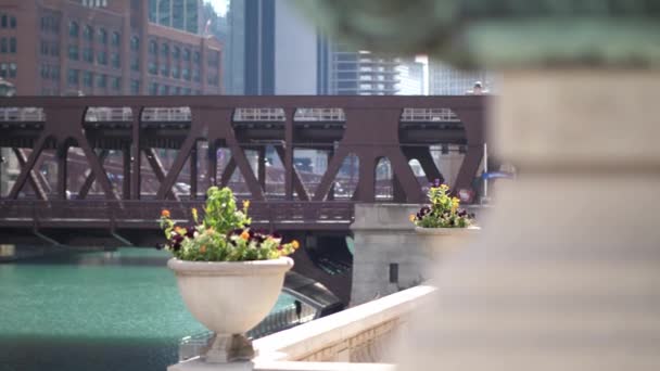Slow Motion Panning Clip Stone Planters Chicago River People Cross — ストック動画