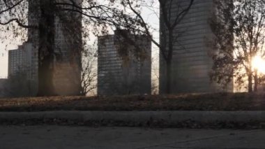Düşük açılı bir perspektiften çekilen yatay görüntü şehir parkının güneş ışığı ağaçların ve çimenlerin arasından parlıyor ve yükselen binaların ötesinde mercek patlamaları yaratıyor..