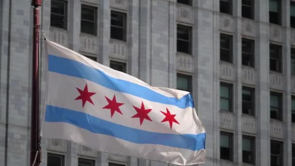 Close Slow Motion Clip Chicago Flag Flapping Waving Wind Highrise — Stock Video