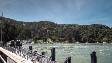 San Francisco, CA - 23 Nisan 2017: Melek Adası Feribotu rıhtımından ve Point Lone yakınlarındaki yüzen iskeleden ayrılırken yelkenliler ya da yatlar limana yanaşır ve güneşli bahar gününün tadını çıkarırlar..