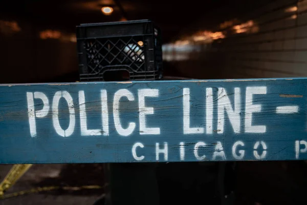 Primer Plano Una Barricada Azul Policía Chicago Que Bloquea Paso — Foto de Stock