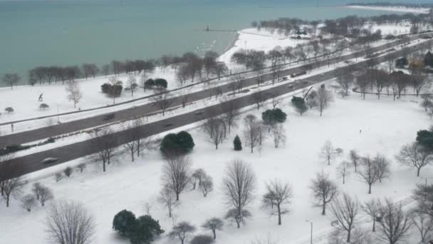 Ajoneuvoliikenne Kulkee Lake Shore Drivella Chicagossa Kun Ihmiset Liikkuvat Tuoreessa — kuvapankkivideo