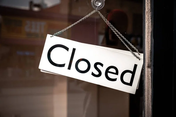 Classic Black White Sign Chain Hangs Angle Glass Storefront Door — Stock Photo, Image