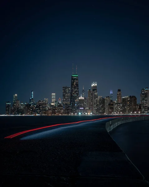 Chicago City Skyline Night Long Red White Light Trail Left — Stock Photo, Image