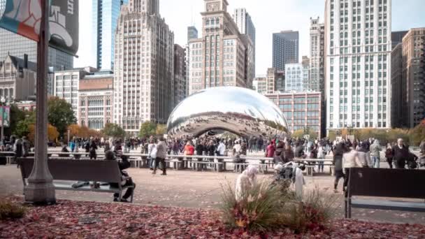 2018年11月3日 芝加哥 在一个阳光灿烂的秋天 当游客和当地人在著名的云门雕塑附近的广场闲逛时 千年公园里挤满了人 — 图库视频影像