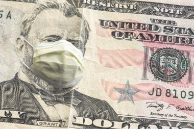 Close up of United States paper currency one dollar bill with Ulysses S. Grant wearing yellow face covering mask due to COVID-19 pandemic making great finance or economic background amidst the crisis. clipart