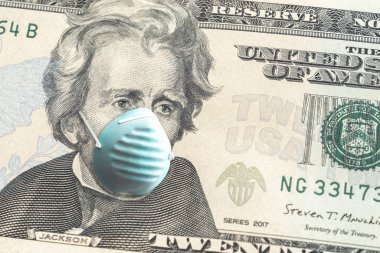 Close up of United States paper currency twenty dollar bill with Andrew Jackson wearing blue face covering mask due to COVID-19 pandemic making a great finance or economic background amidst the crisis clipart