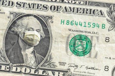 Amerikan kağıt para birimi. George Washington 'ın COVID-19 salgınından dolayı sarı yüz maskesi taktığı bir dolarlık banknot krizin ortasında büyük bir finans ya da ekonomik geçmiş oluşturuyor..