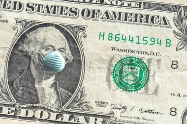 Amerika Birleşik Devletleri kağıt para birimini kapatın. George Washington 'ın COVID-19 salgınından dolayı mavi toz maskesi taktığı bir dolarlık banknot krizin ortasında büyük bir finans ya da ekonomik geçmiş yaratıyor..