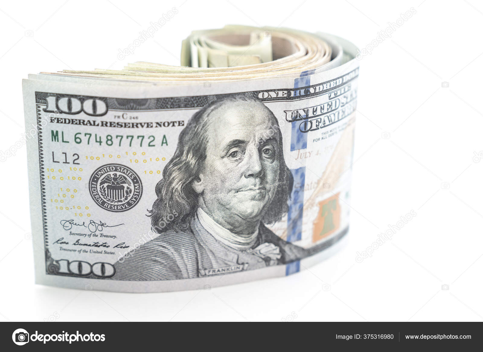 베냐민 사람이나 100 달러짜리 지폐를 돈뭉치를 있다가 풀거나 시작하면 배경에 — 스톡 에디토리얼 사진 © Jkirsch13  #375316980