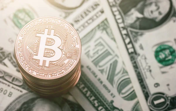 Haufen Bitcoin (btc) Kryptowährung auf Dollarnoten, digital mo — Stockfoto