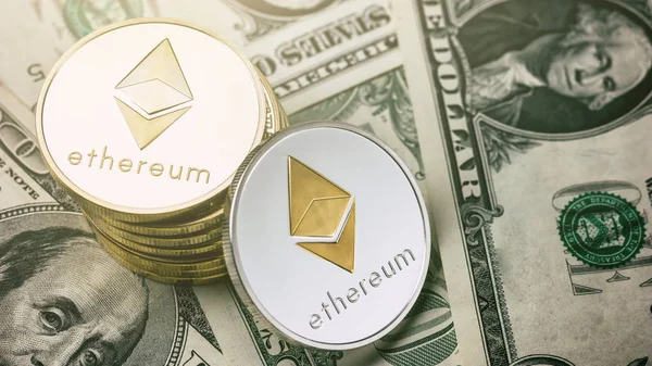 Ethereum crypto-currency on dollar notes — Stock Photo, Image