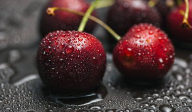 Tatlı kiraz meyveleri çiğ damlaları ile