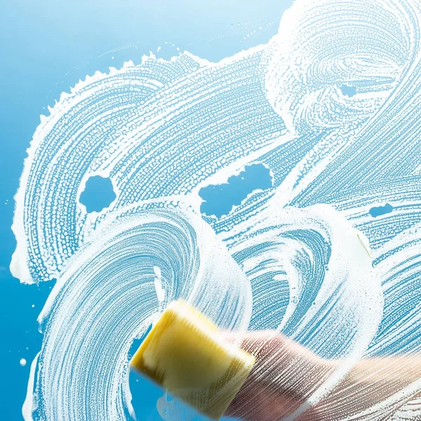Janela de lavagem com sabão e esponja — Fotografia de Stock
