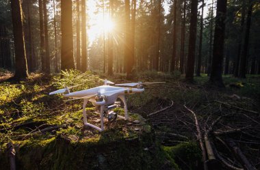 Quadrocopter dron günbatımında bir ağaç gövdesi üzerinde