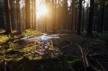 Quadrocopter drone on a tree trunk at sunset clipart