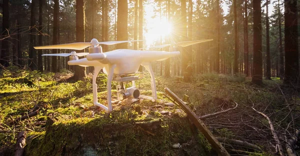 Drone quad copter dans la forêt — Photo