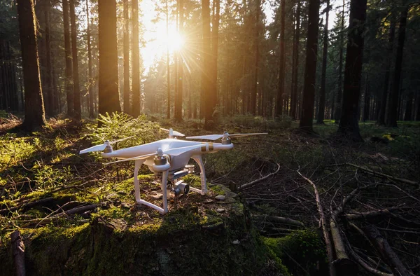 Quadrocopter drone sur un tronc d'arbre au coucher du soleil — Photo