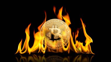 Bitcoin - bit üzerinde alevler içinde yanan Btc cryptocurrency para sikke