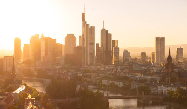 Sunset view of the Frankfurt at the main river. ideal for websites and magazines layouts