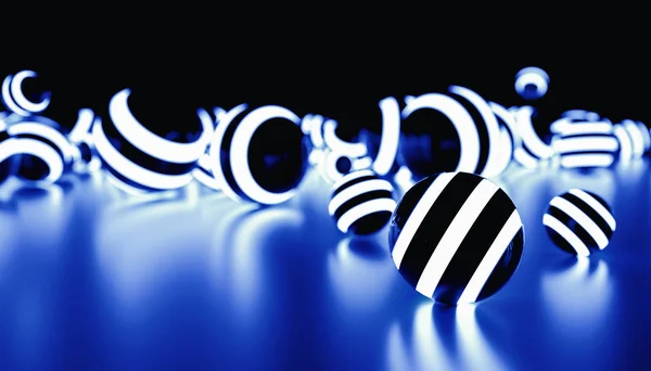 Bolas Esferas Brilhantes Listradas Escuro Com Efeitos Luz Fundo Futurista — Fotografia de Stock