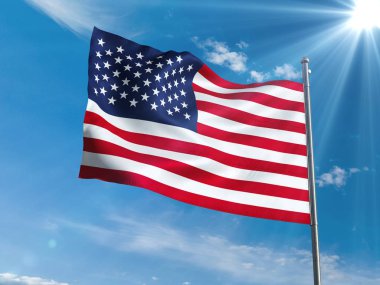 Amerikan bayrağı mavi gökyüzü güneş ile sallayarak
