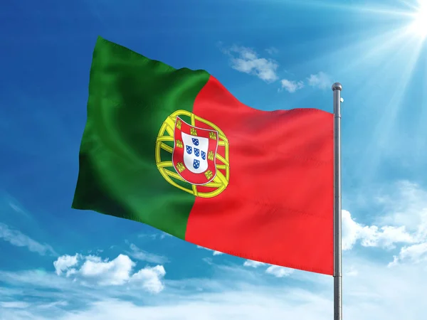 Portuguese flag waving in the blue sky — Stock Photo, Image