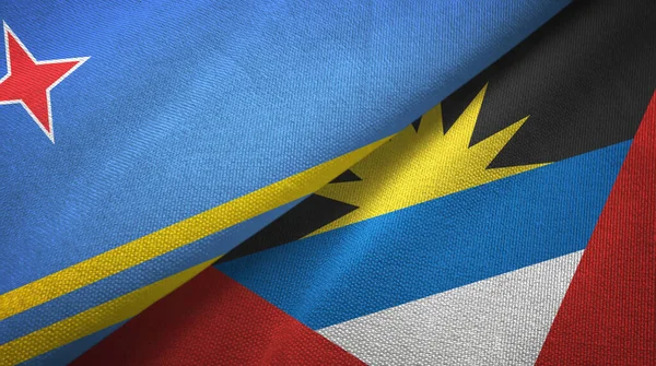 Aruba y Antigua y Barbuda dos banderas tela textil, textura de la tela — Foto de Stock