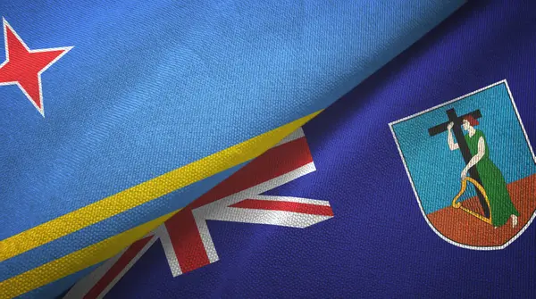 Aruba i Montserrat dwie flagi tkaniny tekstylne, tekstura tkaniny — Zdjęcie stockowe