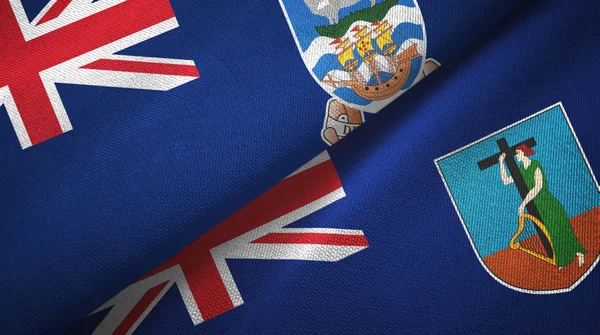 Islas Malvinas y Montserrat dos banderas tela textil, textura de la tela — Foto de Stock