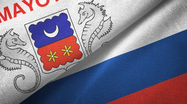 Mayotte y Rusia dos banderas tela textil, textura de la tela — Foto de Stock