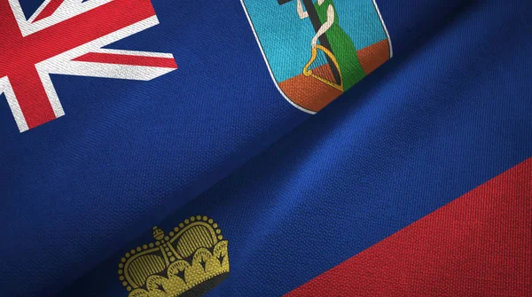 Montserrat y Liechtenstein dos banderas tela textil, textura de la tela — Foto de Stock
