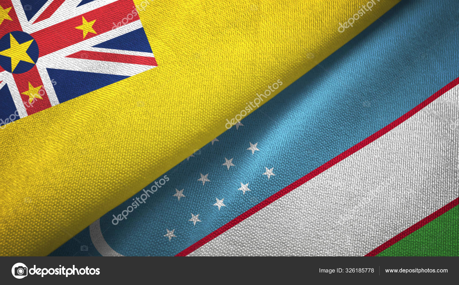 Niue e Uzbequistão duas bandeiras pano têxtil, textura de tecido — Fotografias de Stock ...