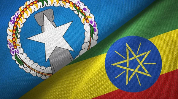 Islas Marianas del Norte y Etiopía dos banderas tela textil, textura de la tela — Foto de Stock