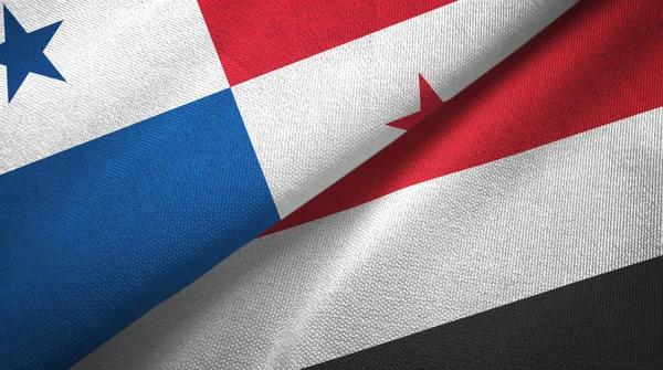 Panamá y Yemen dos banderas de tela textil, textura de tela —  Fotos de Stock