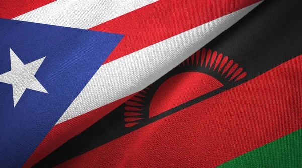 Puerto Rico en Malawi twee vlaggen textiel doek, stof textuur — Stockfoto