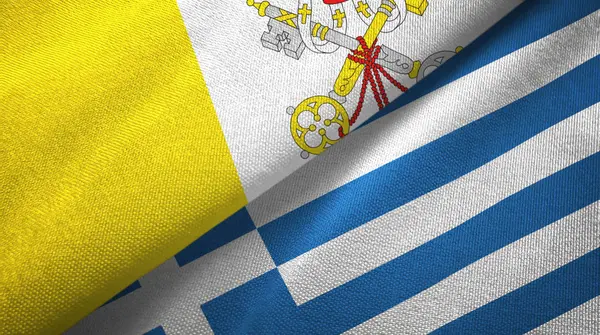 Watykan i Grecja dwie flagi tkaniny tekstylne, tekstura tkaniny — Zdjęcie stockowe