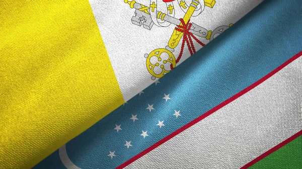 Watykan i Uzbekistan dwie flagi tkaniny tekstylne, tekstura tkaniny — Zdjęcie stockowe