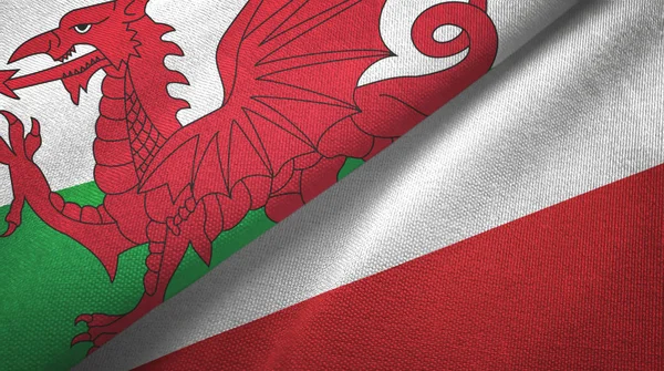 País de Gales e Polônia duas bandeiras tecido têxtil, textura de tecido — Fotografia de Stock