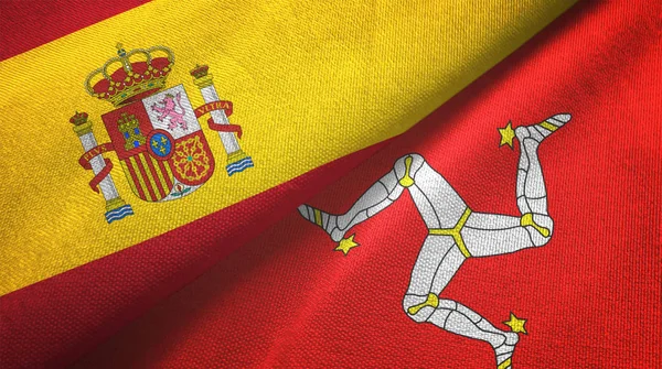 Spain and Isle of Mann two flags textile cloth, fabric texture — Stock Photo, Image