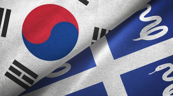 Jižní Korea a Martinik had dvě vlajky textilní tkaniny, textura tkaniny — Stock fotografie